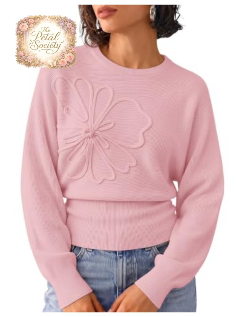 Womens Long Sleeve Crew Neck Ruched Waist Floral Pullover Sweater